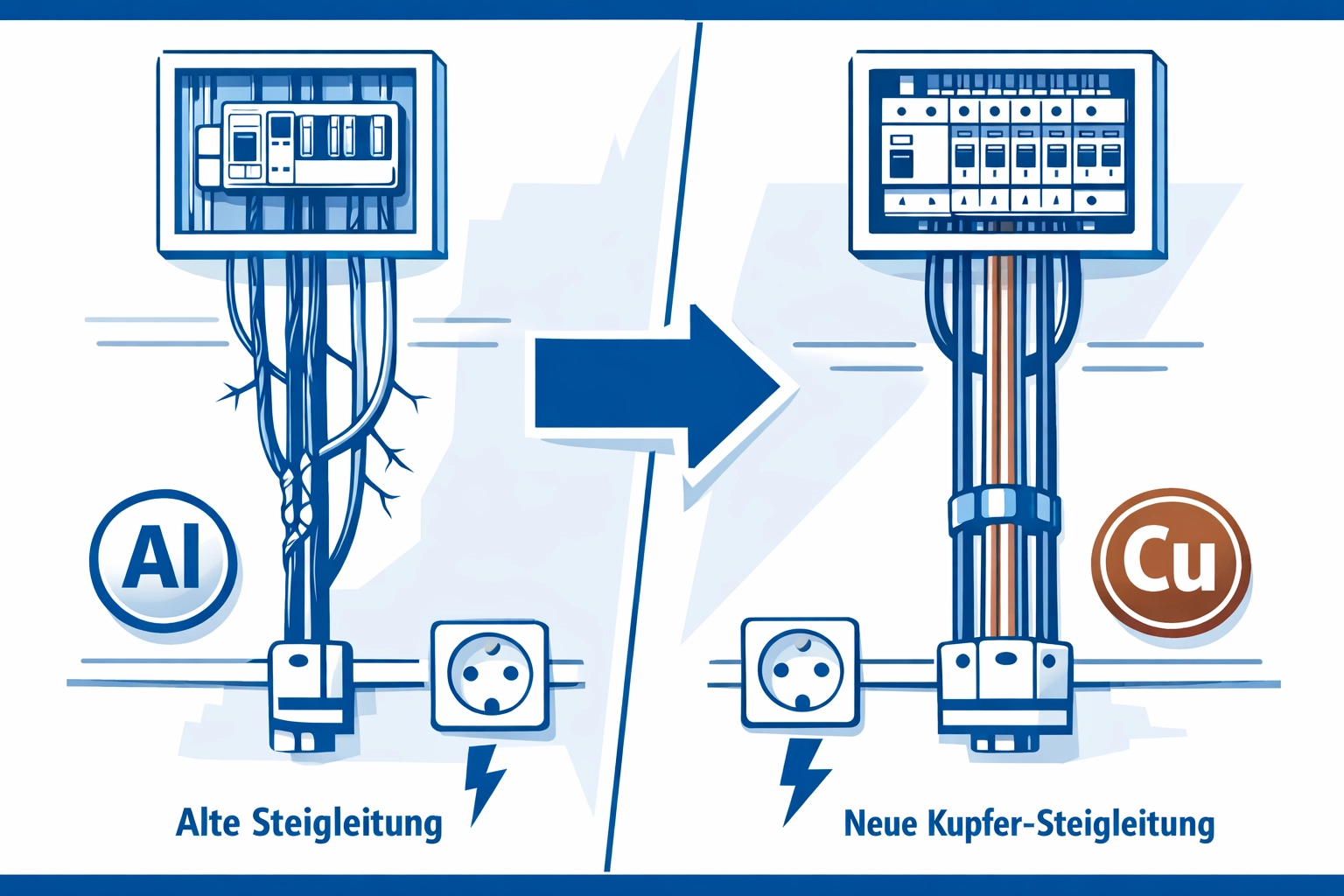 Illustration: Alt vs. Neu – Steigleitung-Upgrade auf moderne, sichere Elektroinstallation (Elektro-Zentrum CI)