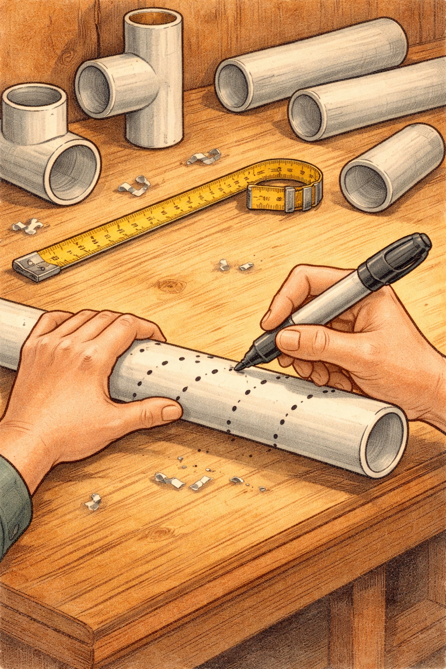 Storybook illustration of hands marking a white PVC pipe with a measuring tape, preparing to build a vertical tower garden.