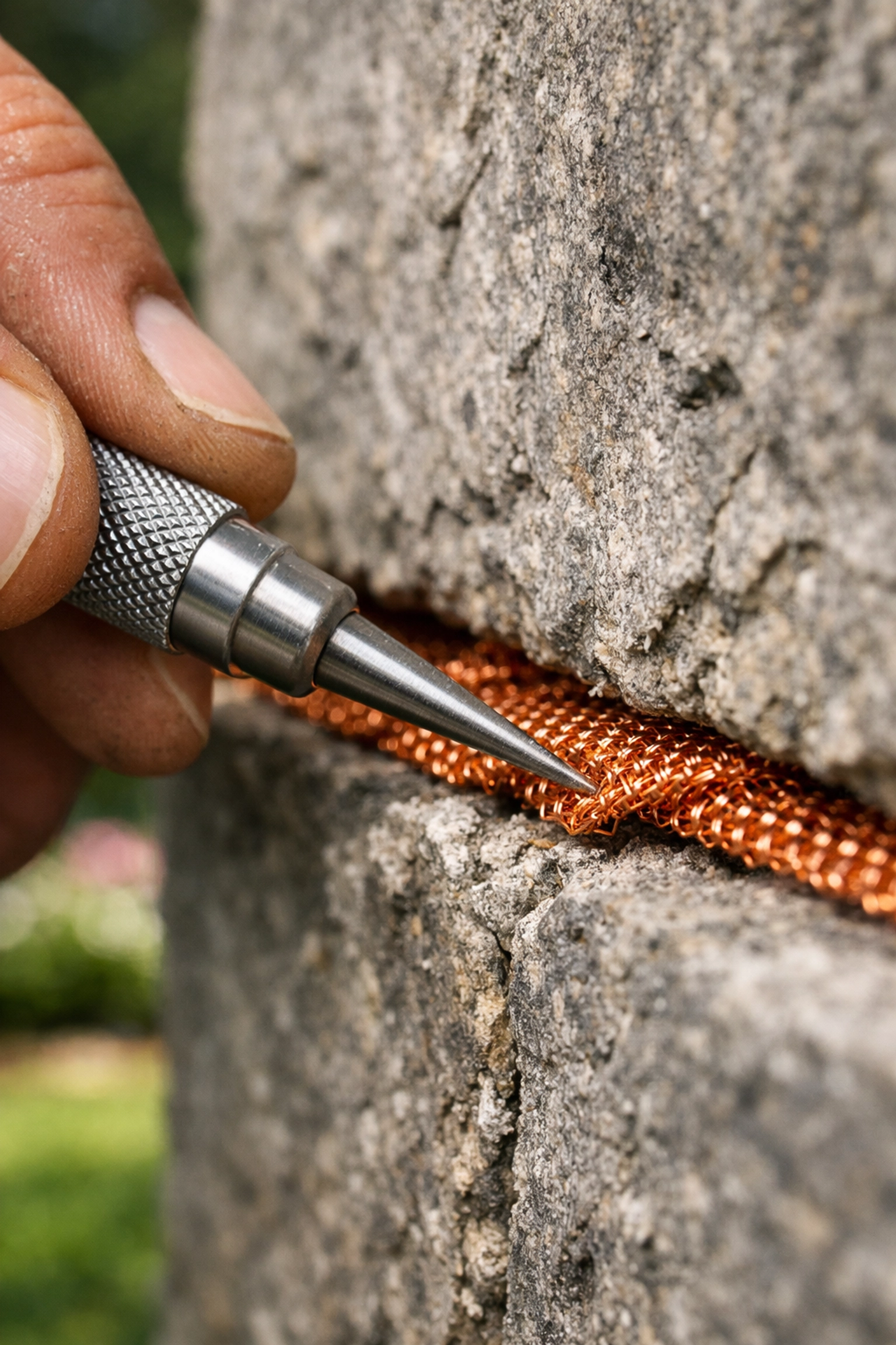 Professional sealing a stone foundation gap with copper mesh to prevent Westchester pests.