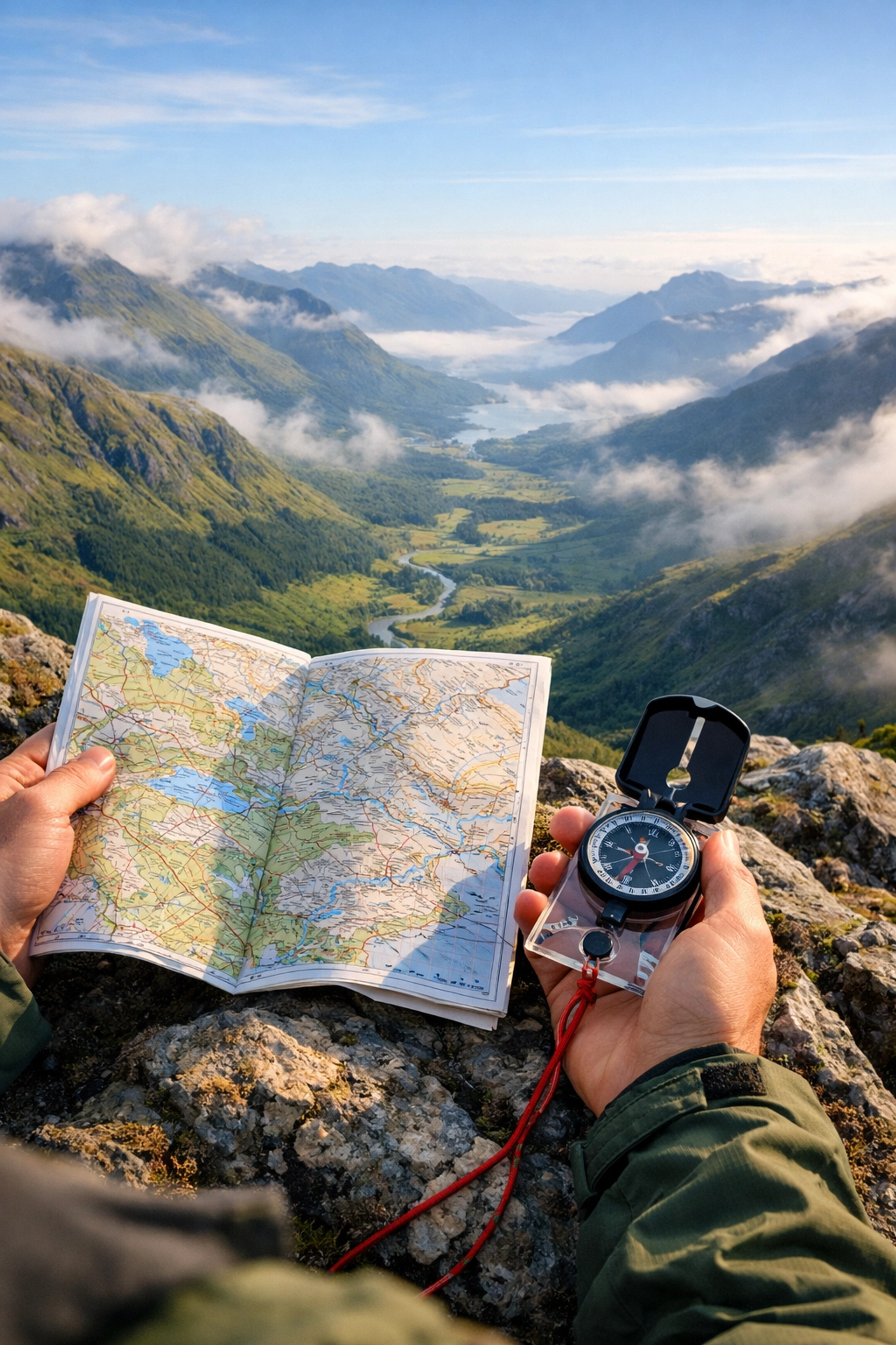 Hiker using map and compass for navigation in Scottish Highlands during wild camping trip