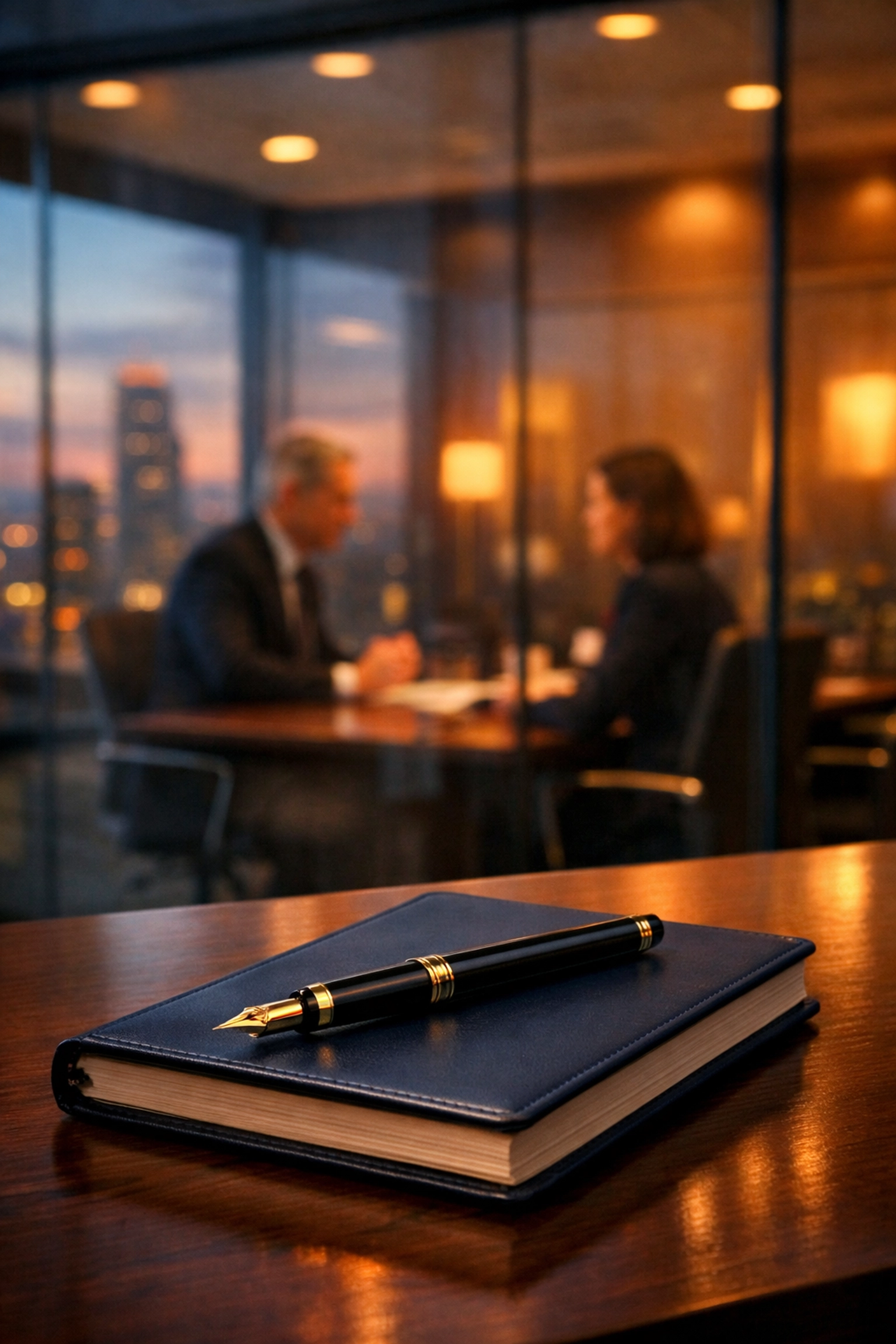 Private legal consultation in a modern office focusing on confidentiality and international law protection.