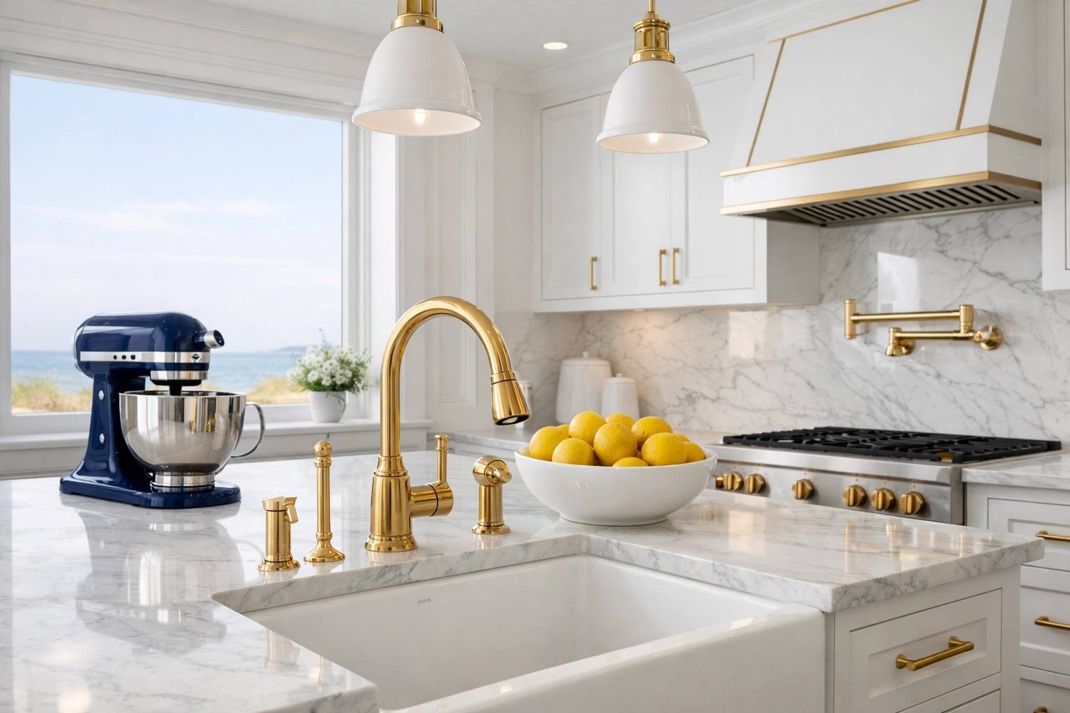 Spotless Duxbury kitchen with marble countertops after a weekly professional house cleaning service.