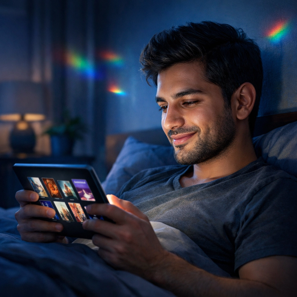 A young man reading LGBTQ+ ebooks on a tablet, finding a digital sanctuary for gay romance and identity.