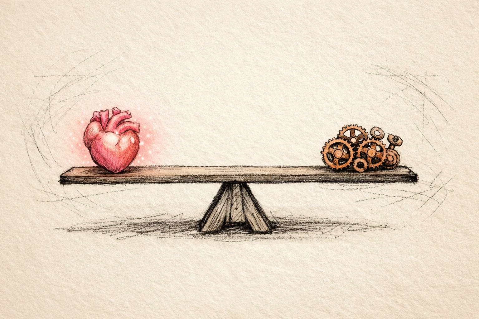 A hand-drawn seesaw balancing a heart and gears representing acceptance and change in DBT therapy.