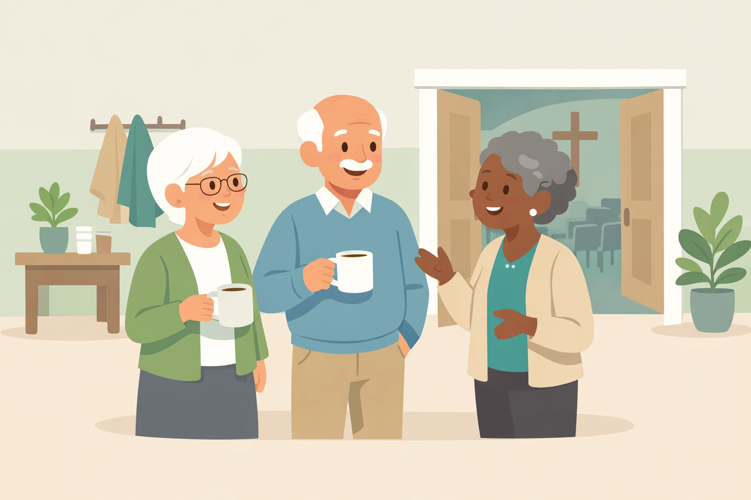 Three older adults connect before Sunday worship