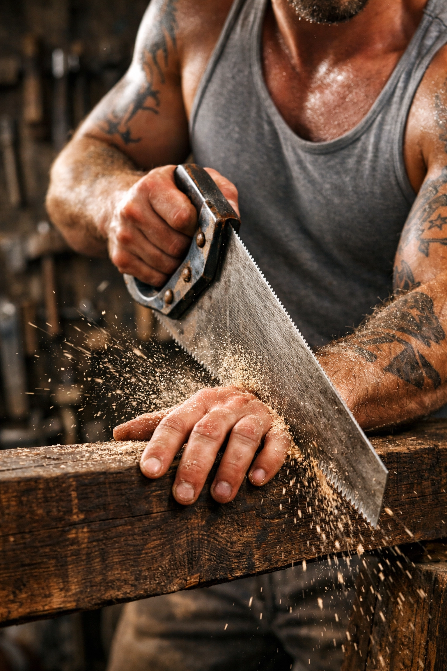 Muscular handyman working with wood, representing the blue-collar gay romance books trope.