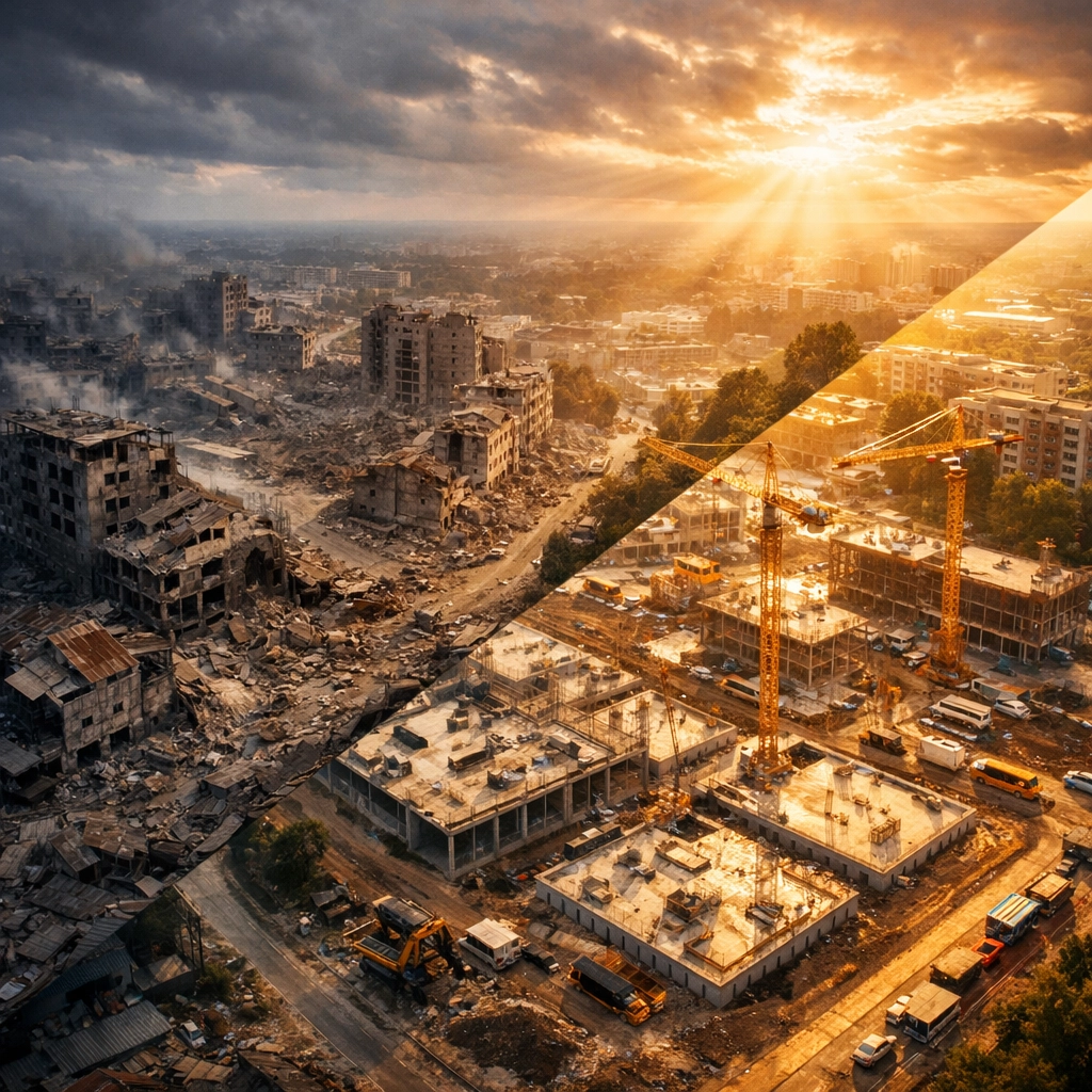 Split landscape showing destruction and reconstruction symbolizing hope and rebuilding