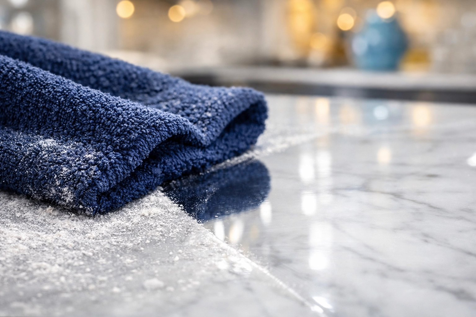 Microfiber cloth removing construction dust from a Westford kitchen counter for a deep cleaning.