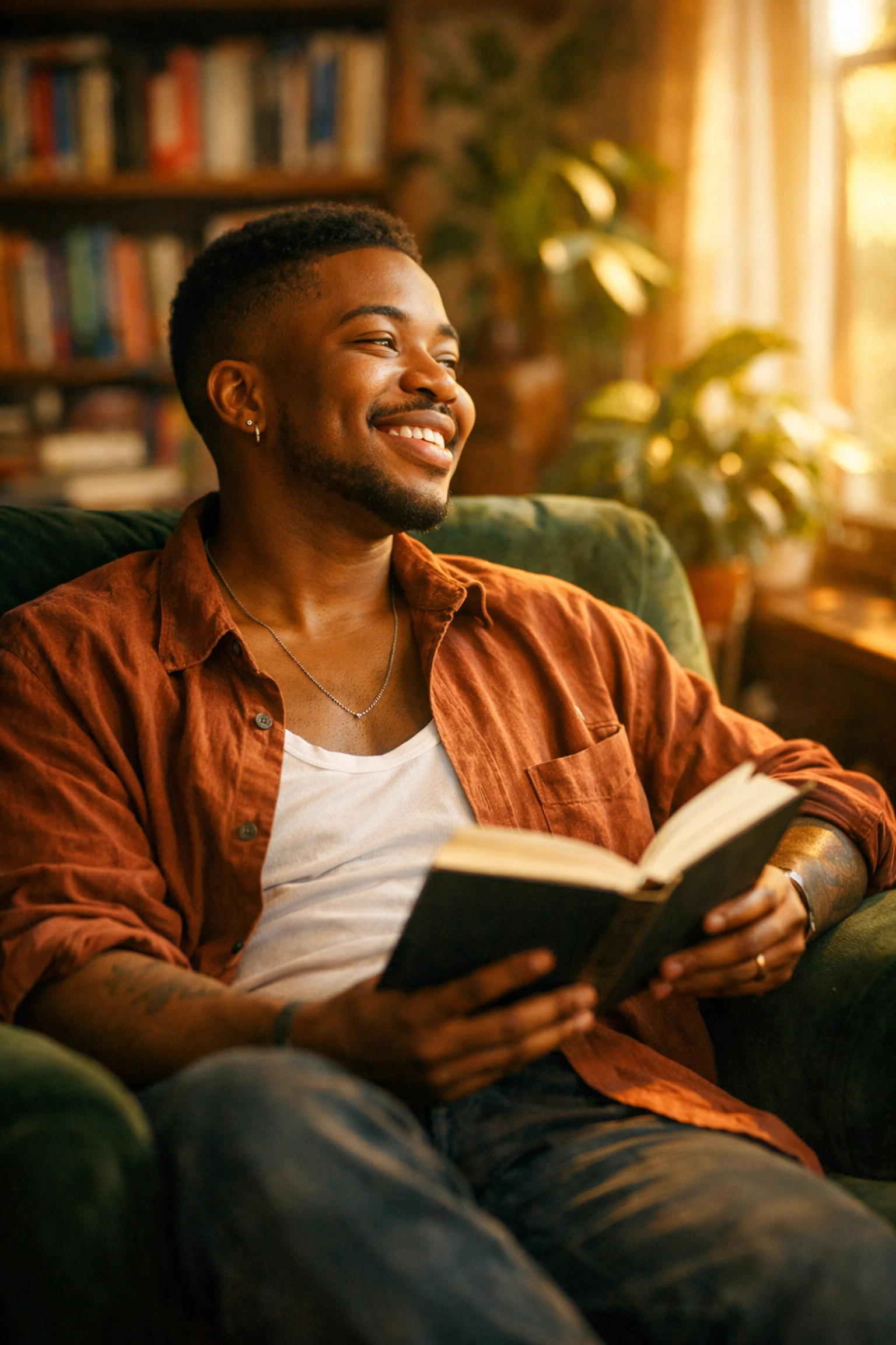 A Black trans man smiling in a sunlit library, representing trans joy in modern queer literature.