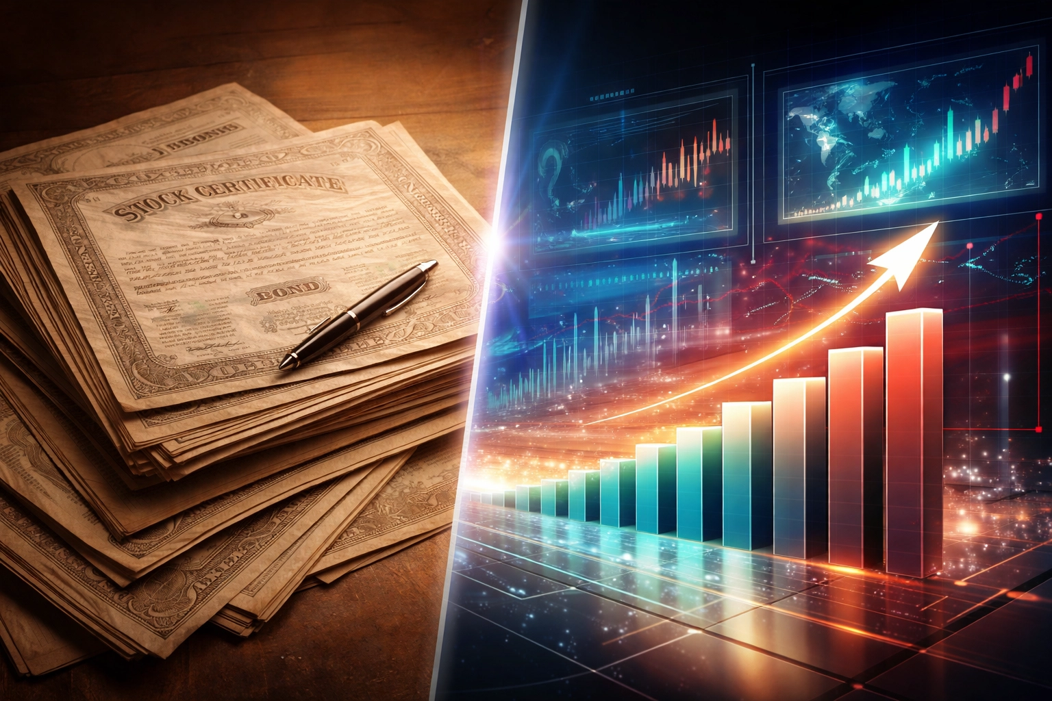 Split image contrasting outdated traditional investments with modern financial strategies and rising digital markets.