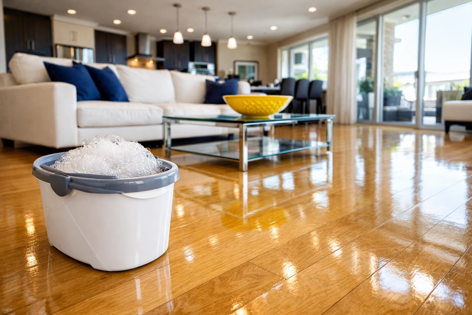 Sparkling hardwood floors and a cleaning bucket, illustrating effective Castile soap floor maintenance.