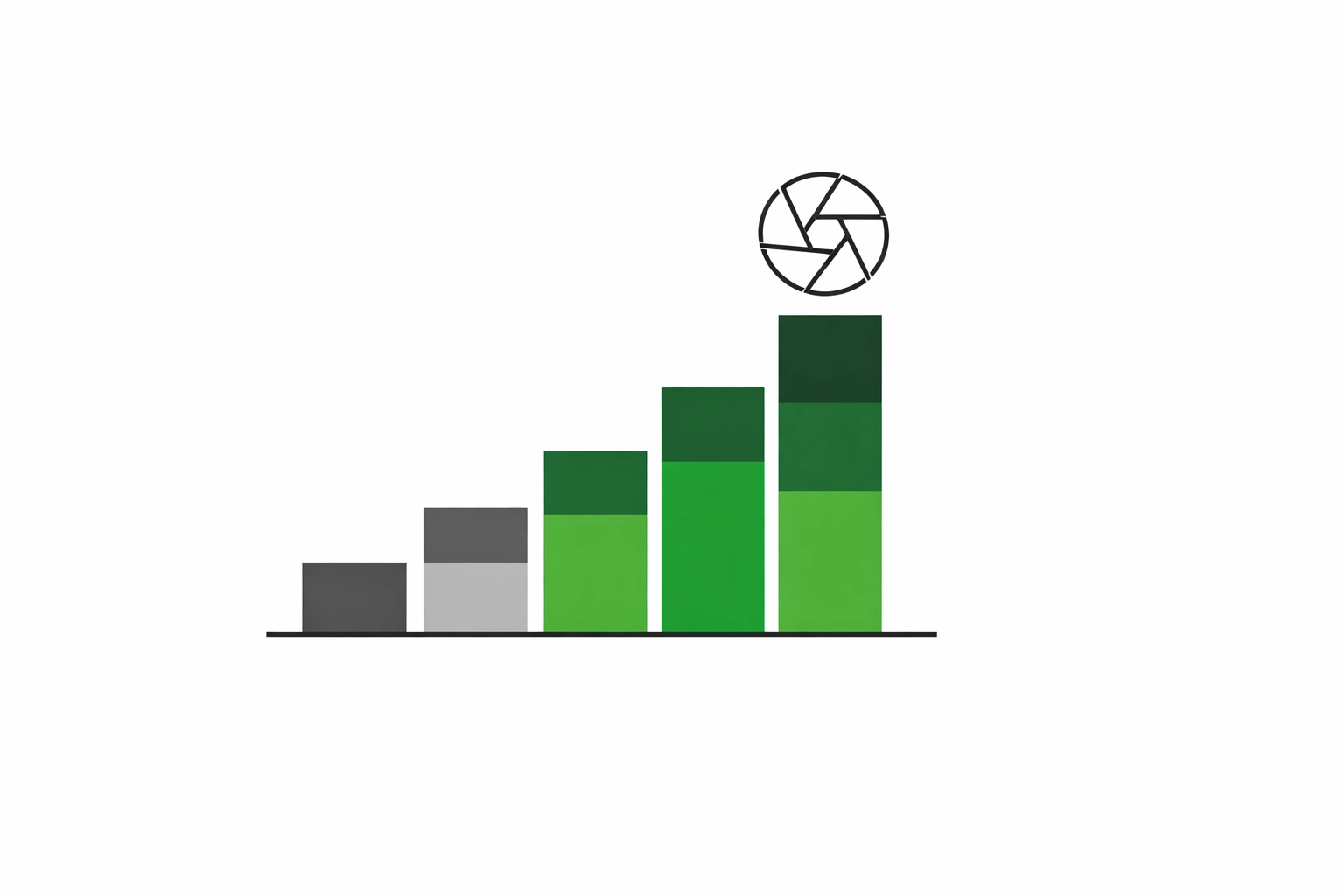 Bar chart with a camera shutter representing professional growth and profile optimization for photographers.
