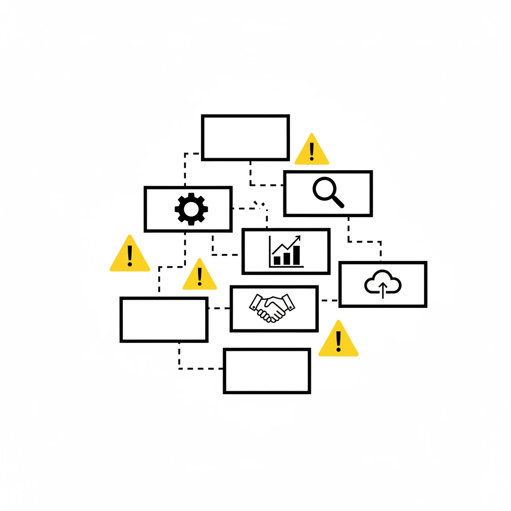 Flowchart with icons: gear, magnifying glass, graph, handshake, cloud. Yellow warning triangles. Black dashed lines connect boxes.