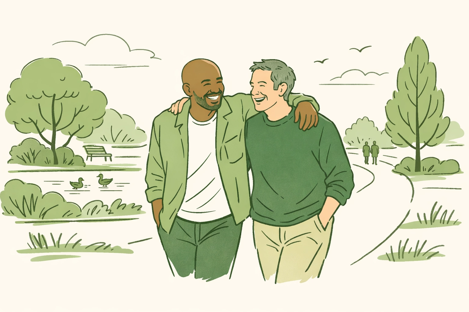 A diverse gay couple laughing while walking in a park, celebrating the joy of coming out in middle age.
