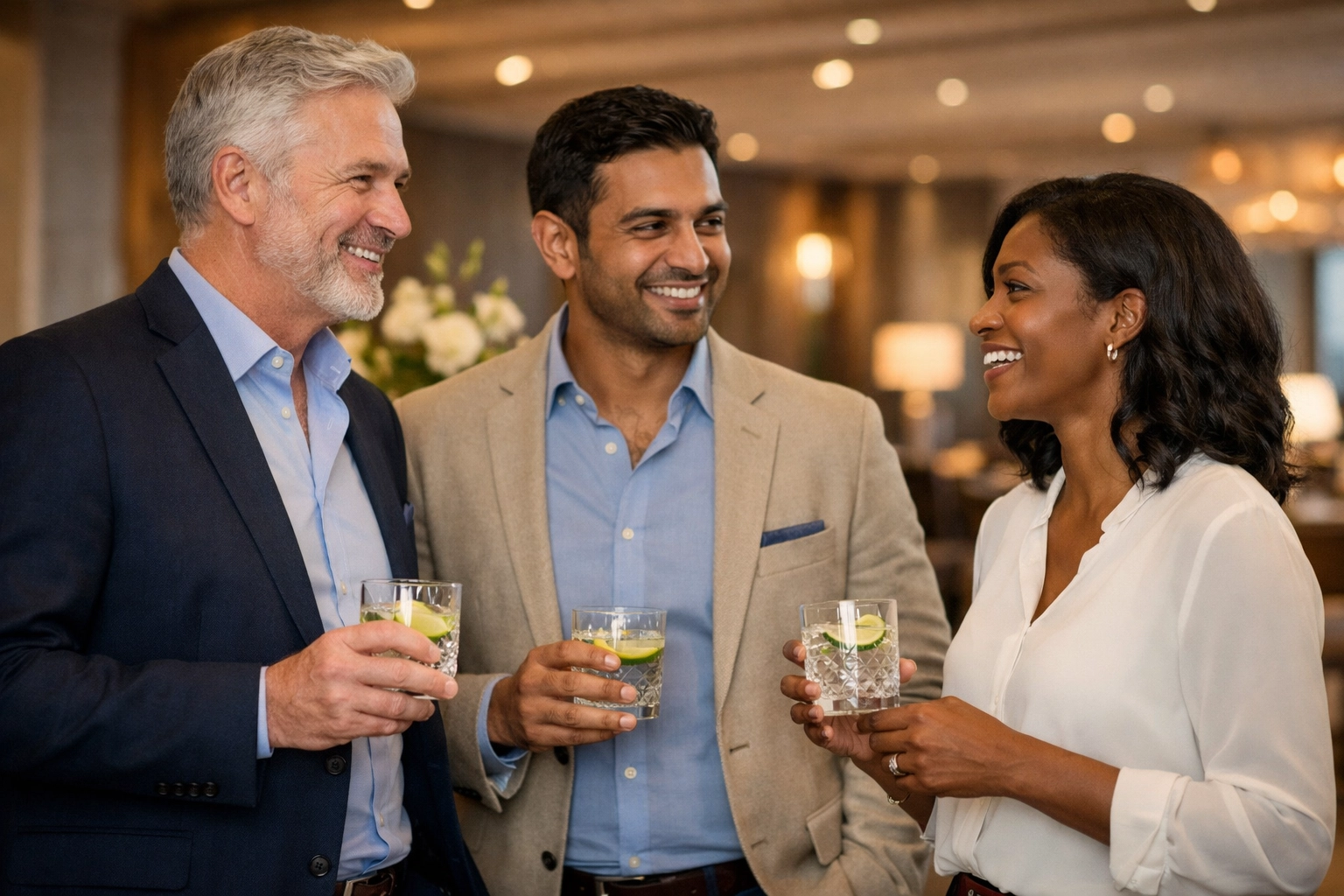 Corporate executives networking in a VIP hospitality lounge during a high-stakes business event.