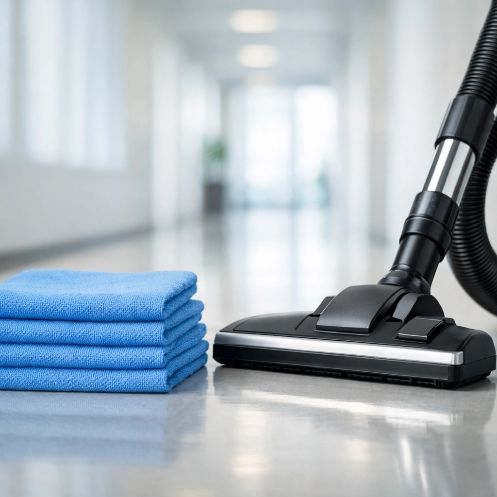 Professional grade cleaning supplies and equipment in a sunlit office hallway showing operational reliability.