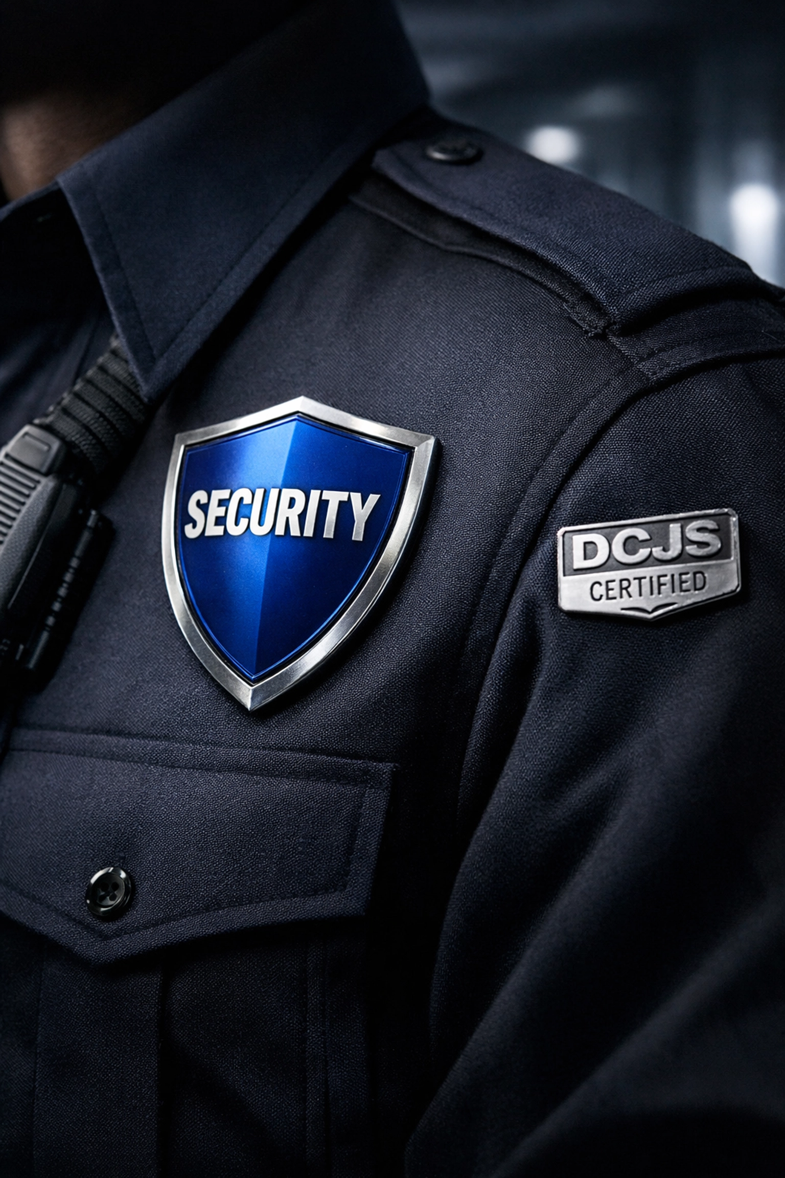 Professional security guard uniform featuring a silver DCJS Certified pin for Richmond security services.
