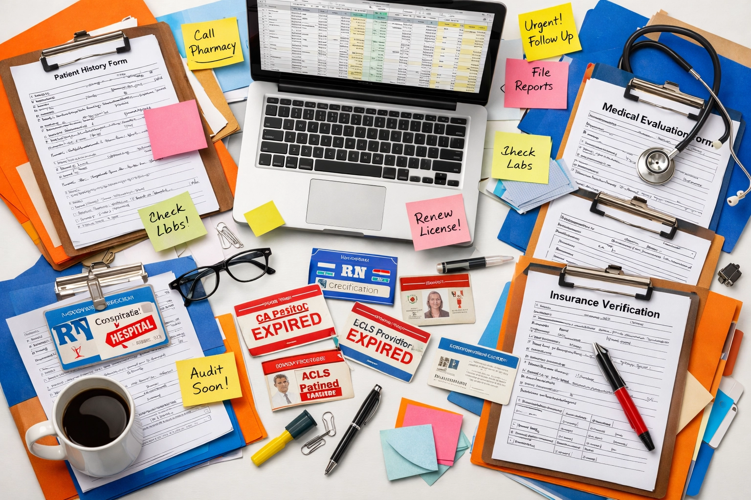 Chaotic desk showing healthcare credentialing paperwork and administrative burden