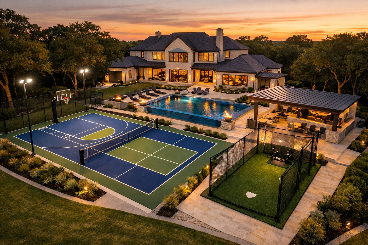 Luxury backyard resort design featuring a sports court, infinity pool, and outdoor kitchen in Sugar Land
