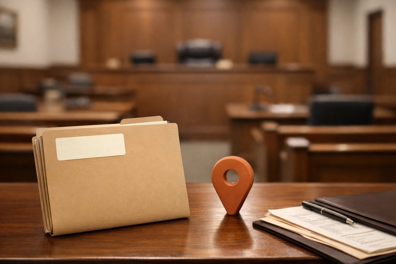 Empty Virginia circuit courtroom interior with warm wood tones, reflecting the Fredericksburg legal system setting.