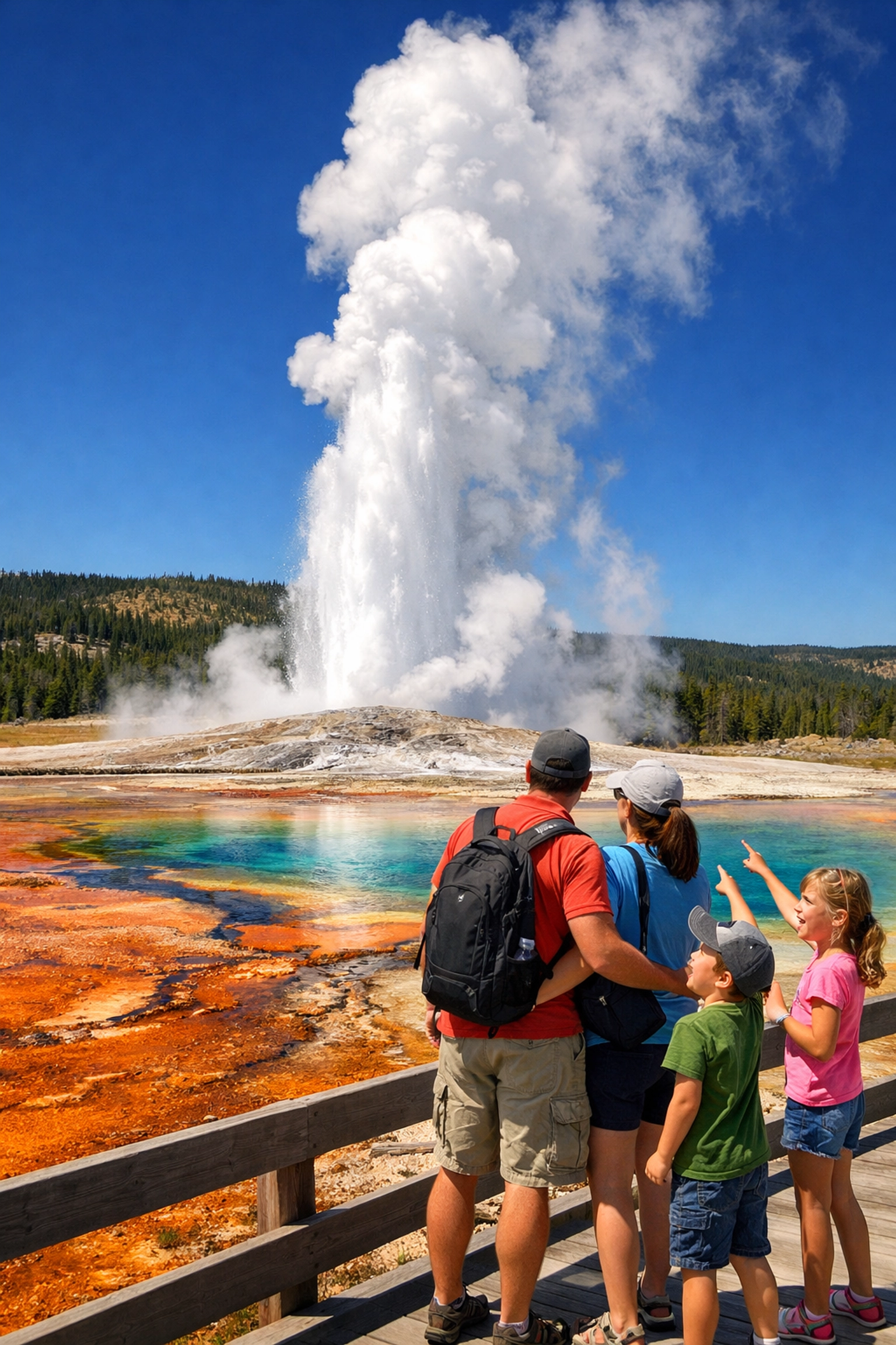Family of four watching a geyser erupt in Yellowstone National Park, a fun travel activity for kids.