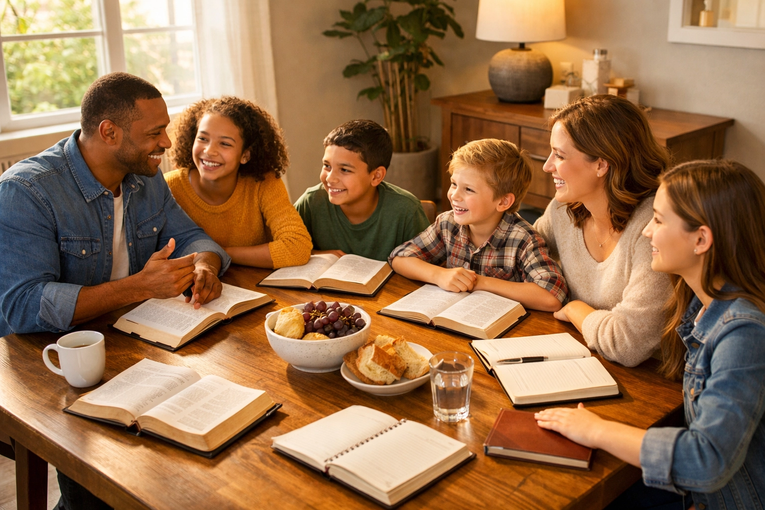 Christian family discussing Zootopia 2 movie themes with Bible at dinner table