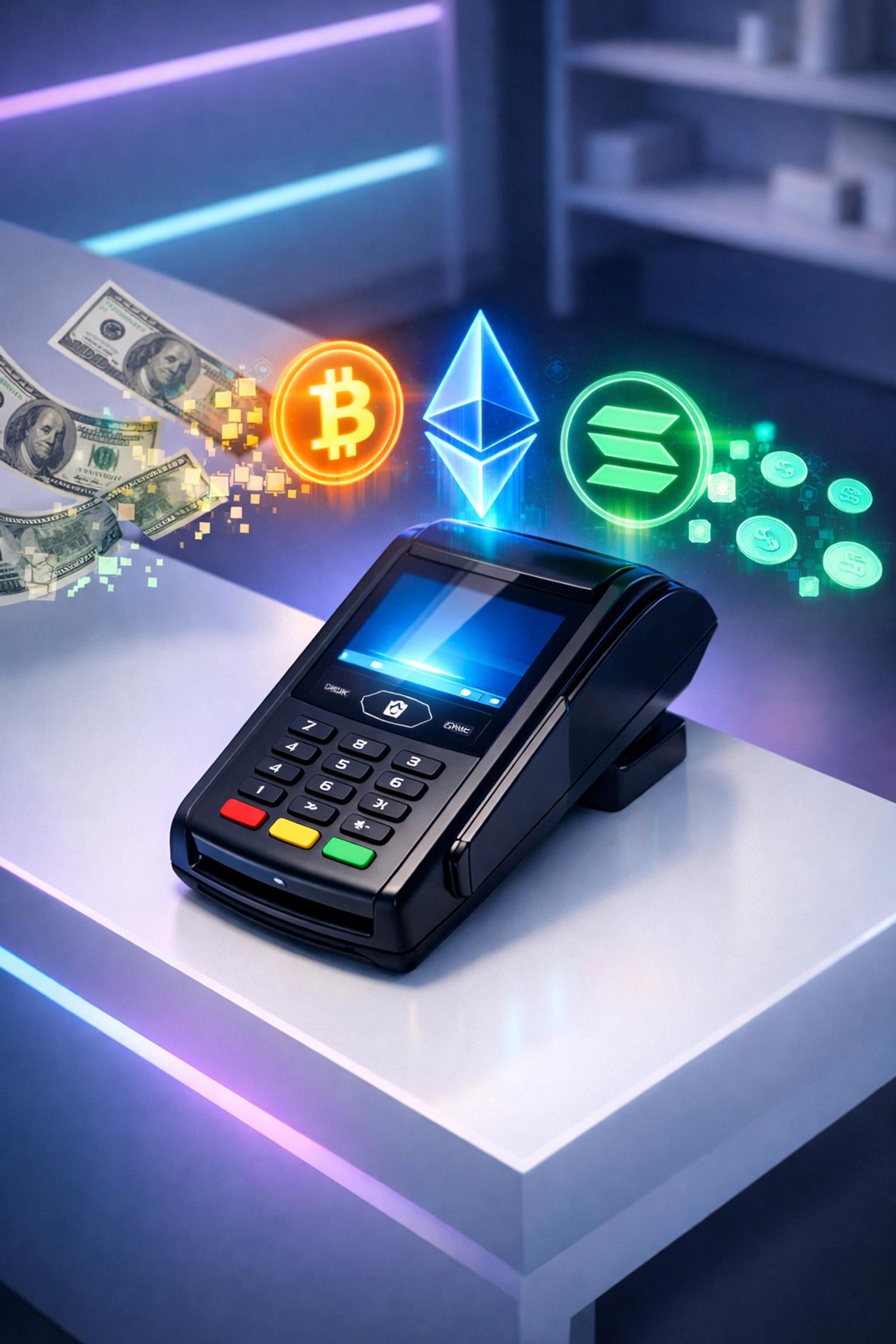 Modern crypto POS terminal accepting cryptocurrency payments with digital tokens replacing cash