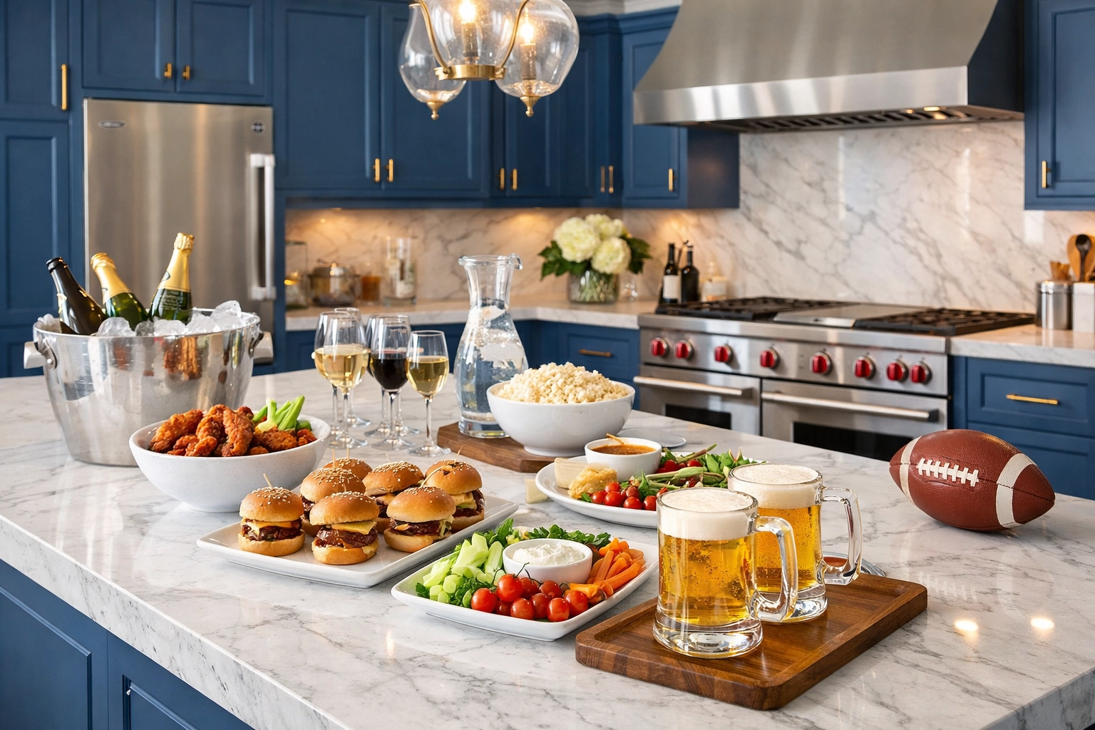 Clean marble kitchen island in a Foxborough estate, professionally prepped for high-end hosting.