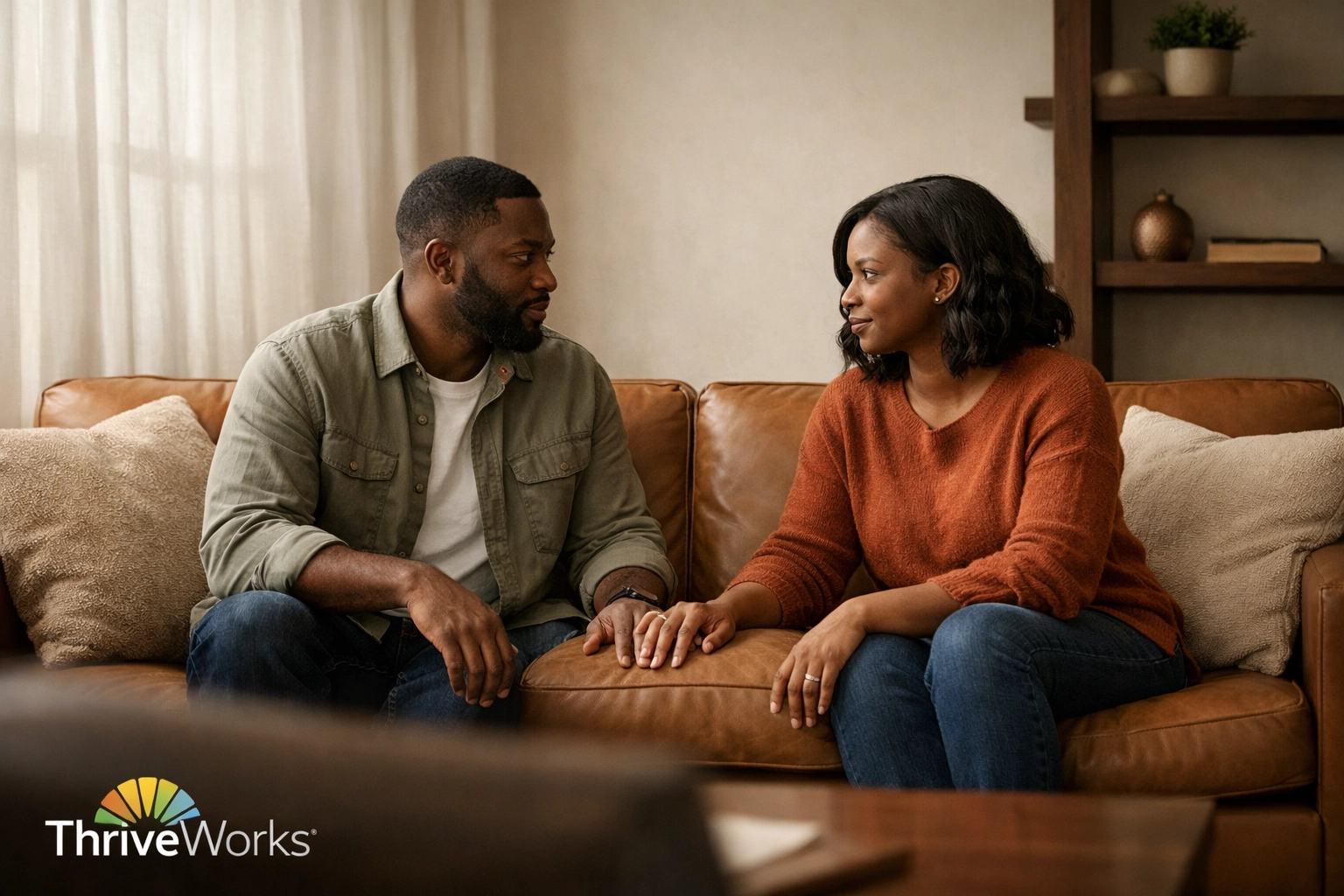 Couple seated together in therapy setting, experiencing emotional reconnection and rebuilding trust
