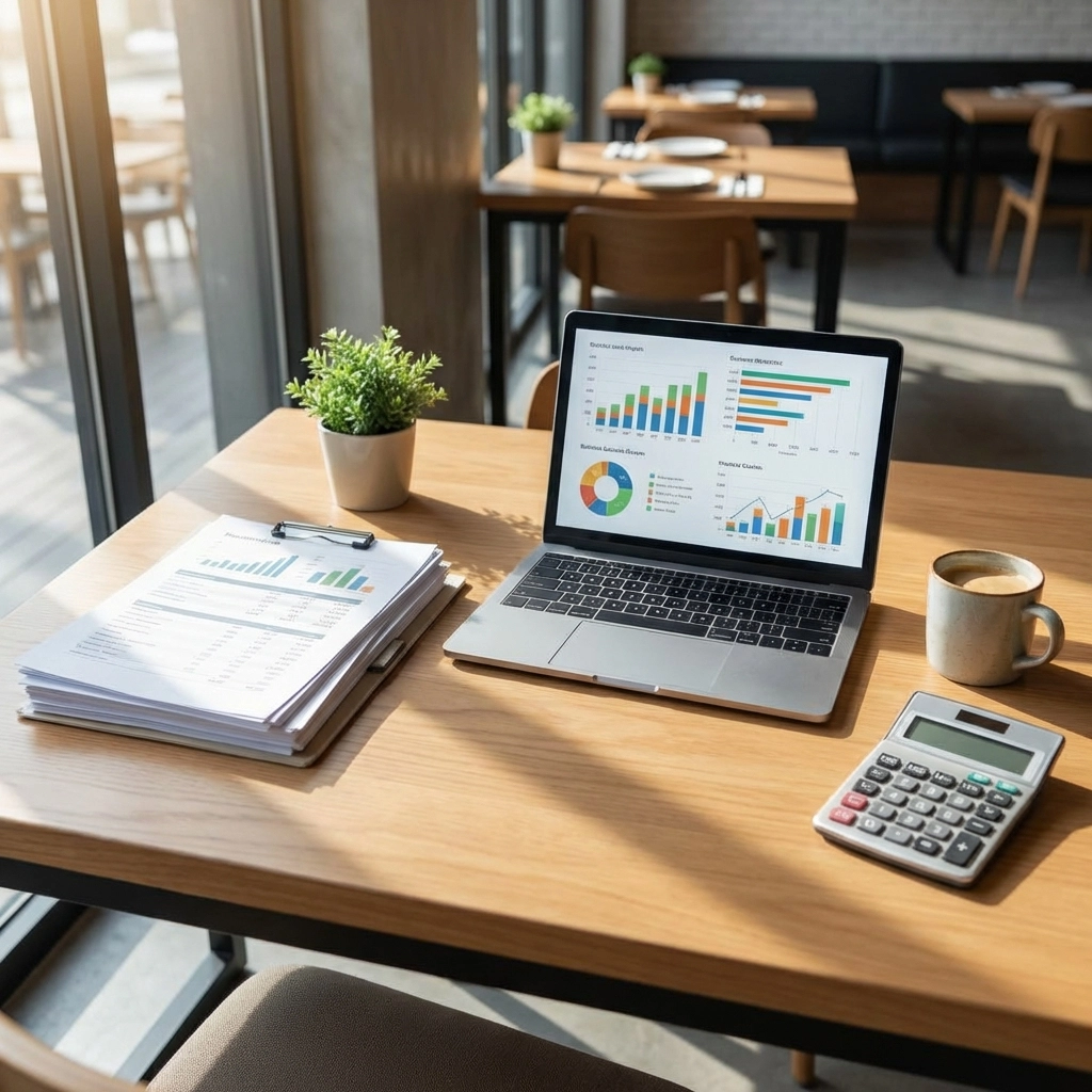 Modern restaurant office desk with financial documents, laptop analytics, and calculator for efficient restaurant consulting