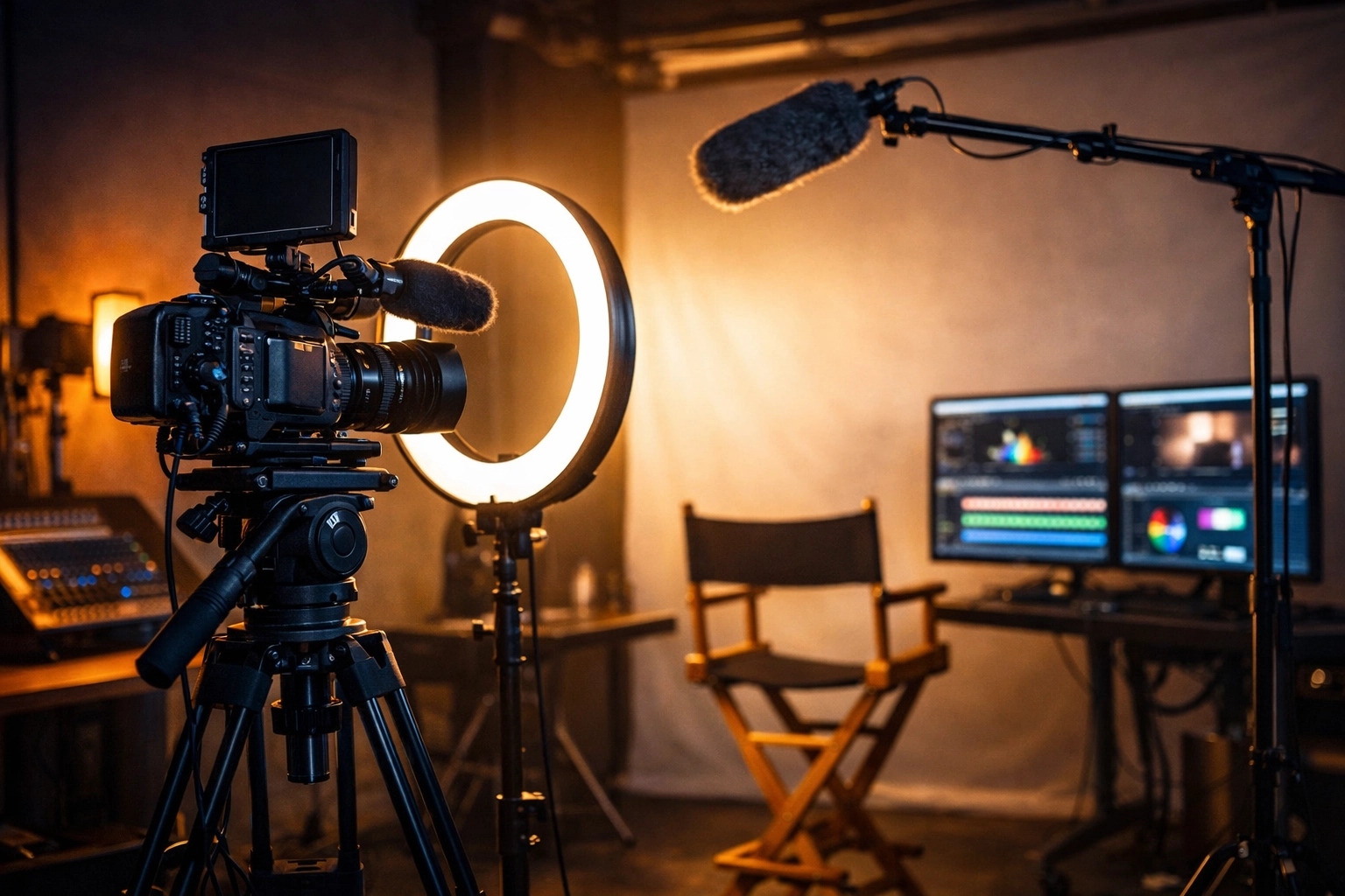 Professional video production studio setup with camera, lighting, and editing monitors for content creation