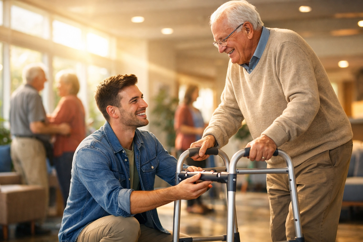 Young man helping an elderly man with a walker, demonstrating humility and a servant's heart in action.