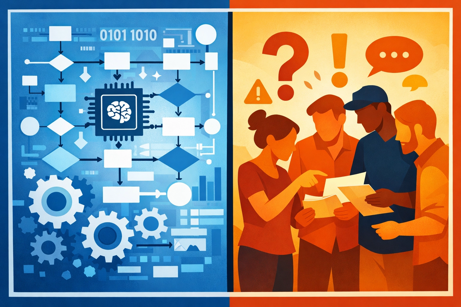 Split comparison of automated AI governance algorithms versus diverse human team reviewing AI decisions together