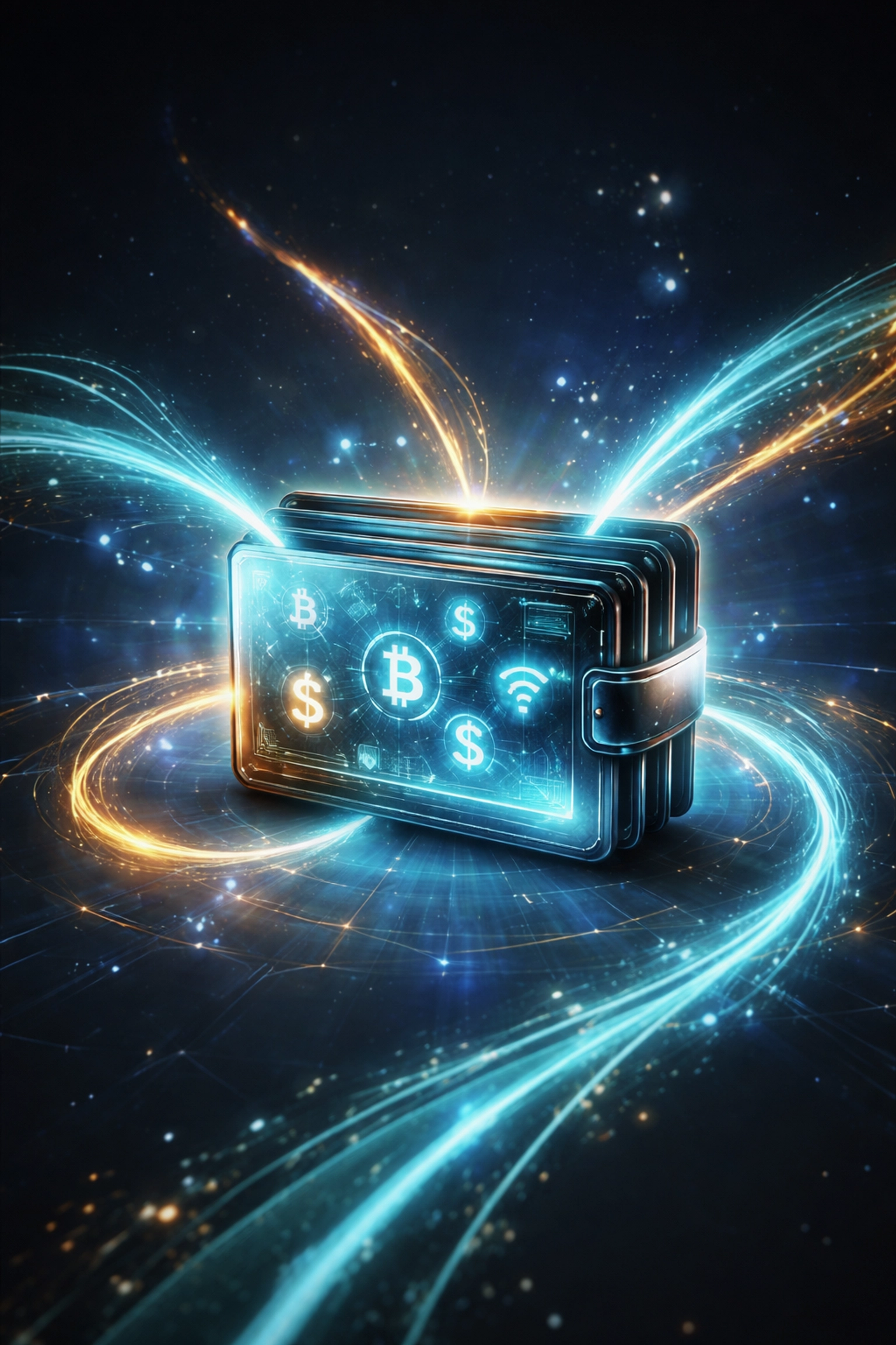 Futuristic smart wallet representing instant access and self-custody in Web3 global payments for small businesses