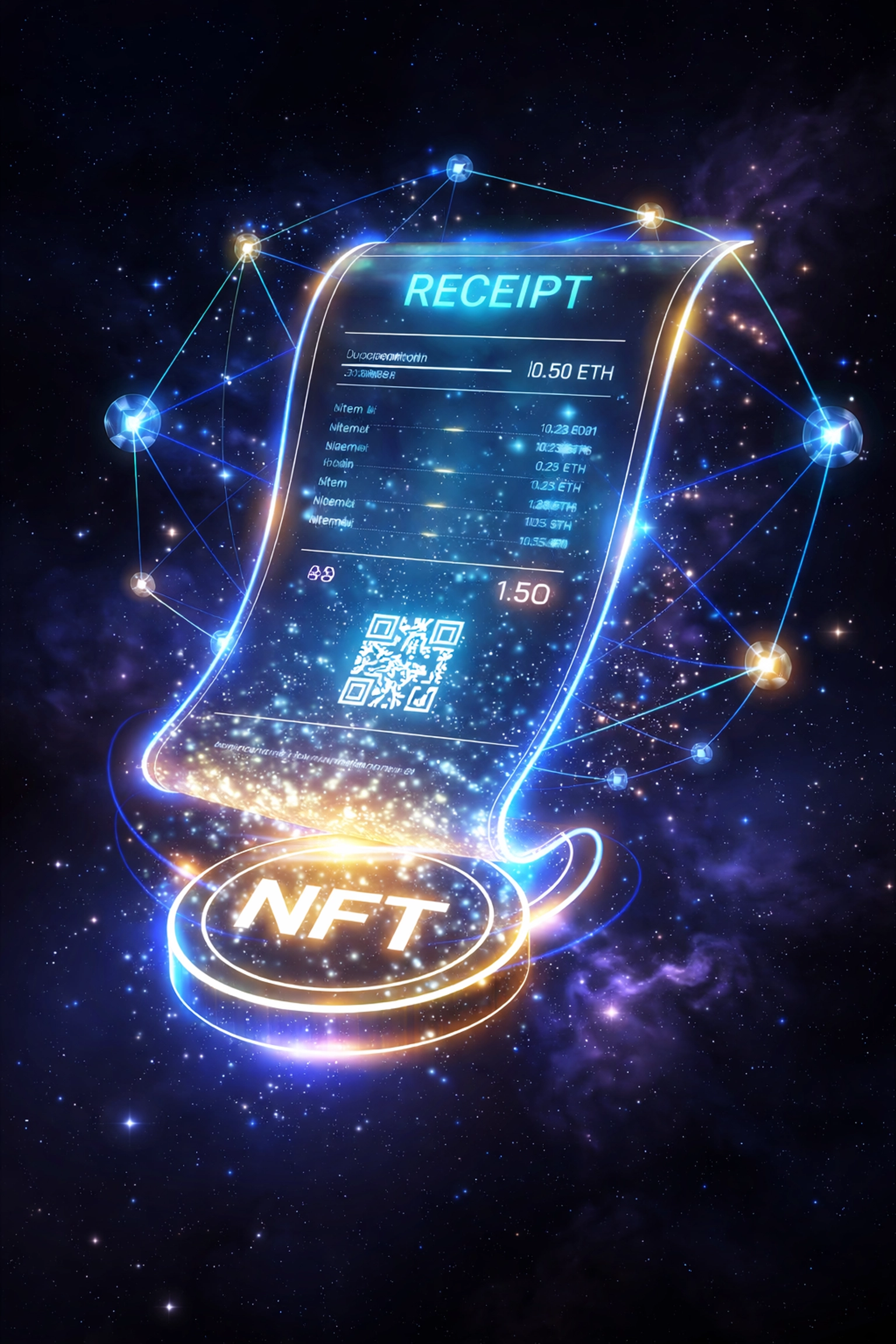 Futuristic NFT receipt representing secure, on-chain crypto payments and digital recordkeeping for small businesses
