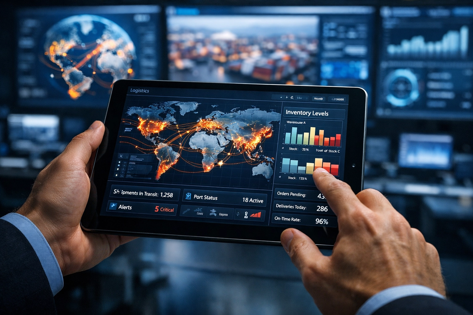 Logistics manager using a tablet for real-time inventory management for ecommerce in a digital command center.