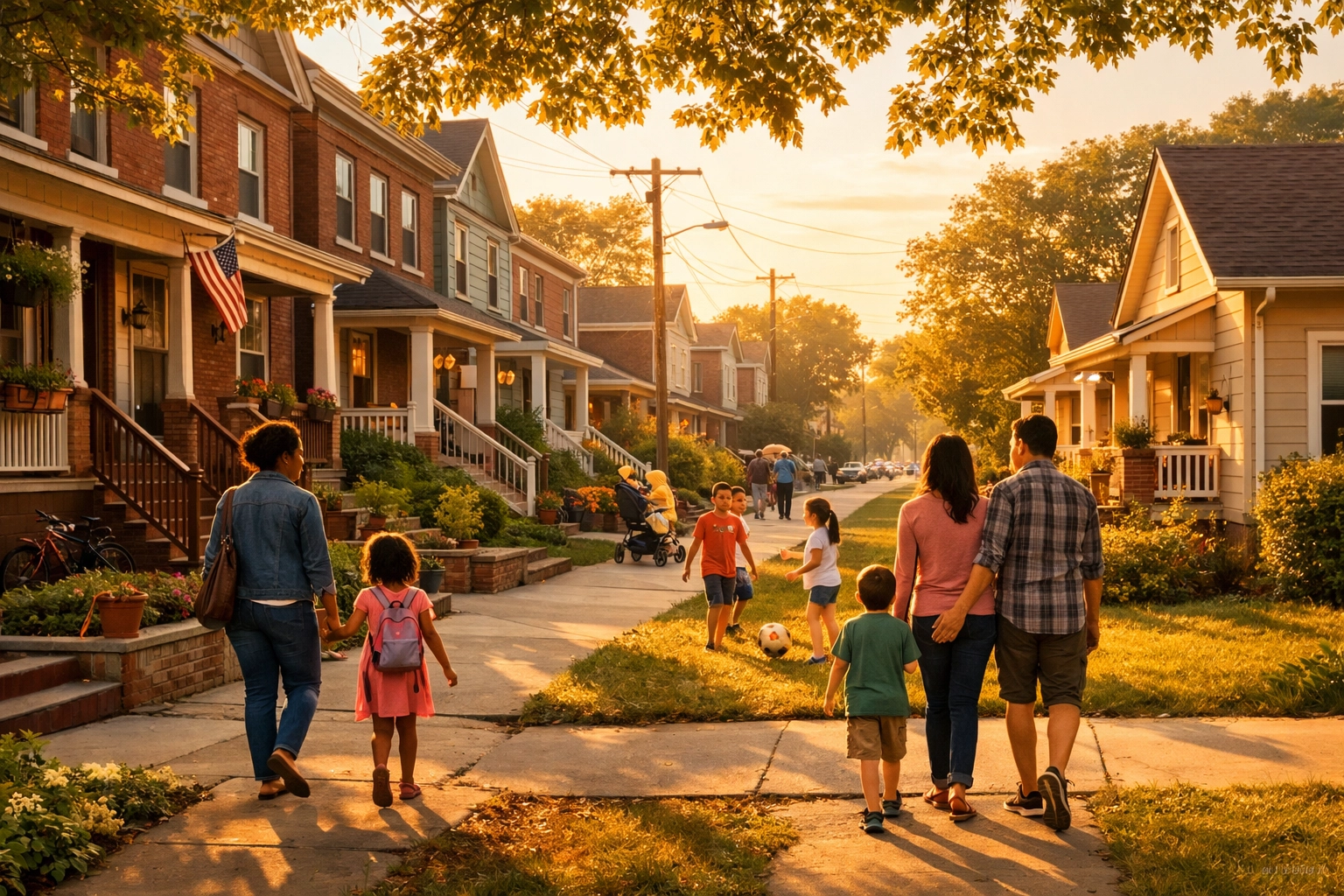 Affordable middle housing neighborhood with townhomes and families in diverse community