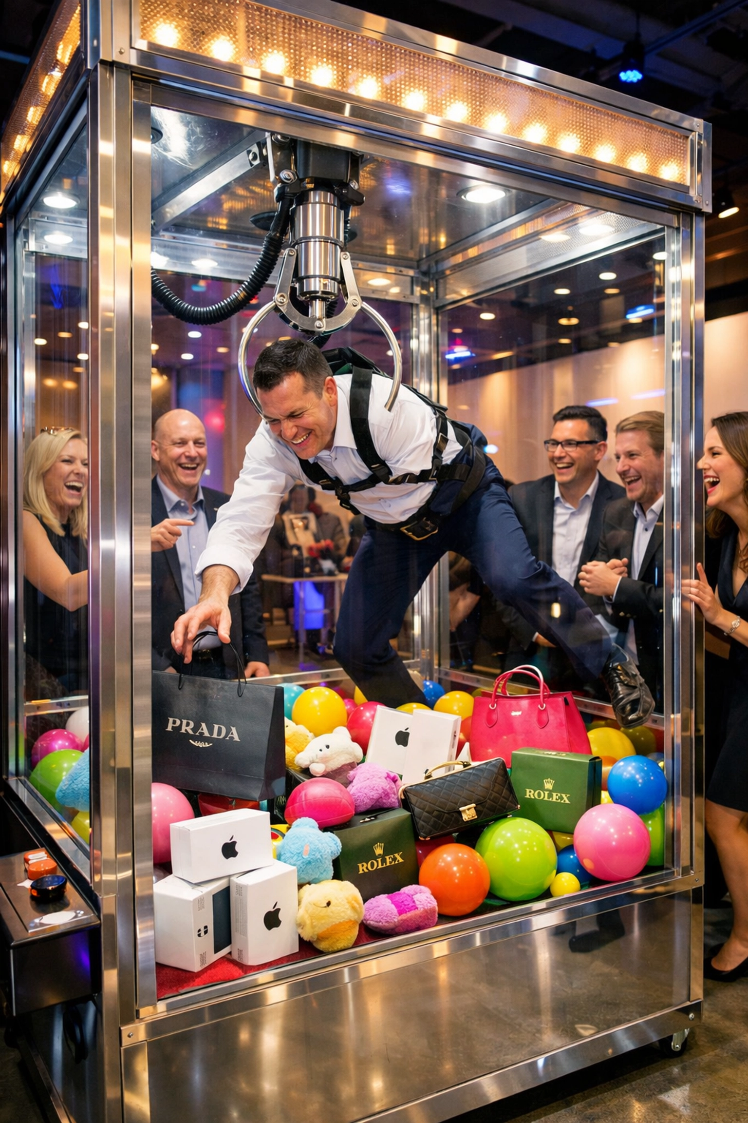 Giant human claw machine entertainment at Fortune 500 Super Bowl client event
