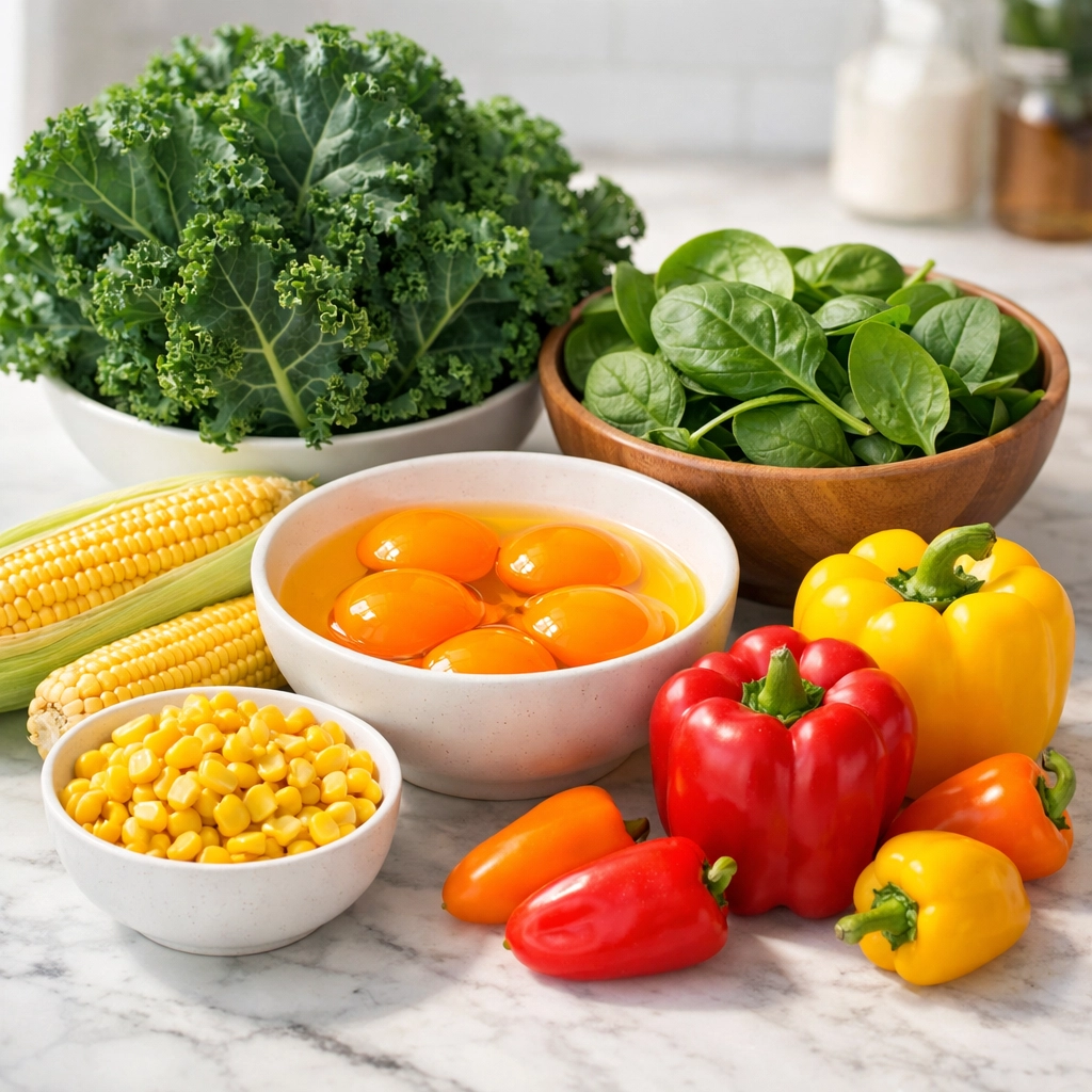 Lutein-rich foods including kale, spinach, egg yolks, and corn for supporting eye health