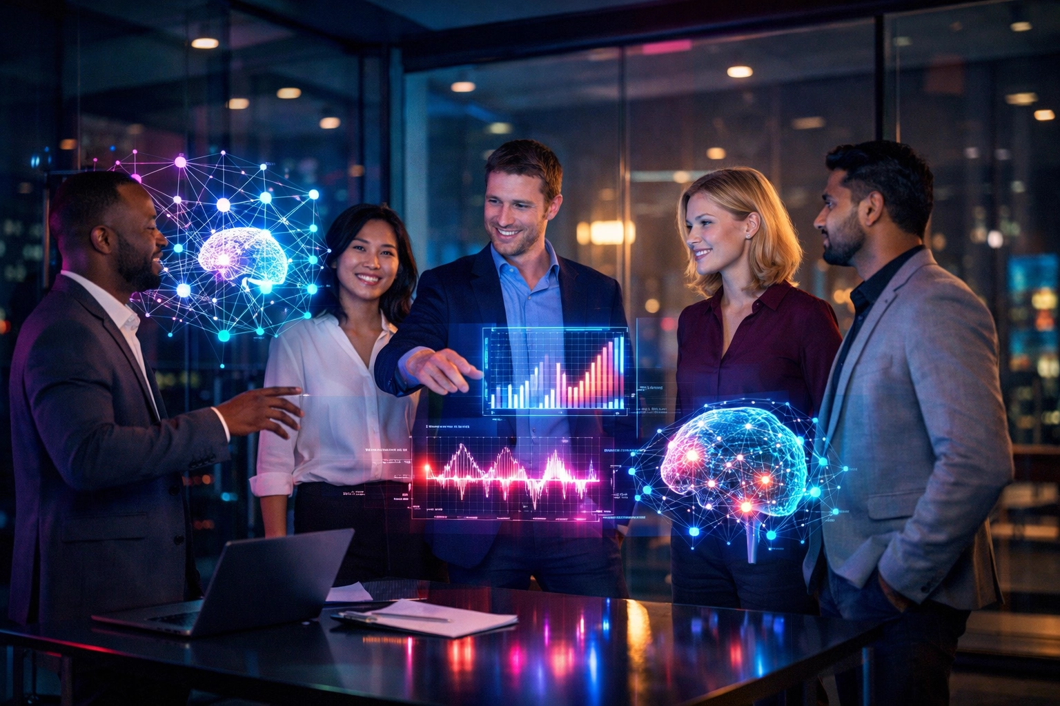 Modernes HR-Team nutzt KI-Visualisierungen zur erfolgreichen Umsetzung der digitalen Transformation.