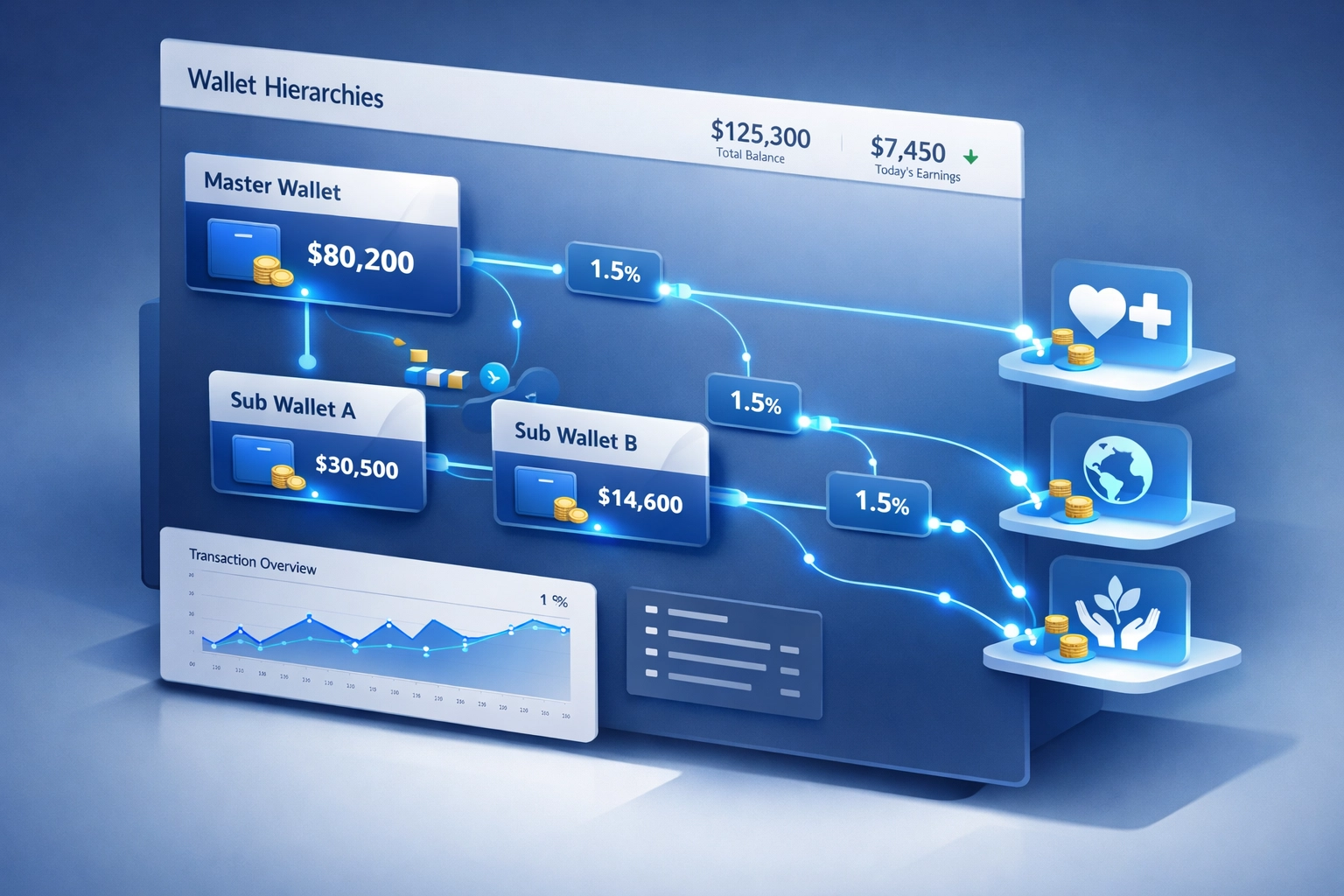 Enterprise crypto wallet dashboard managing master and sub-wallets with automated impact tax