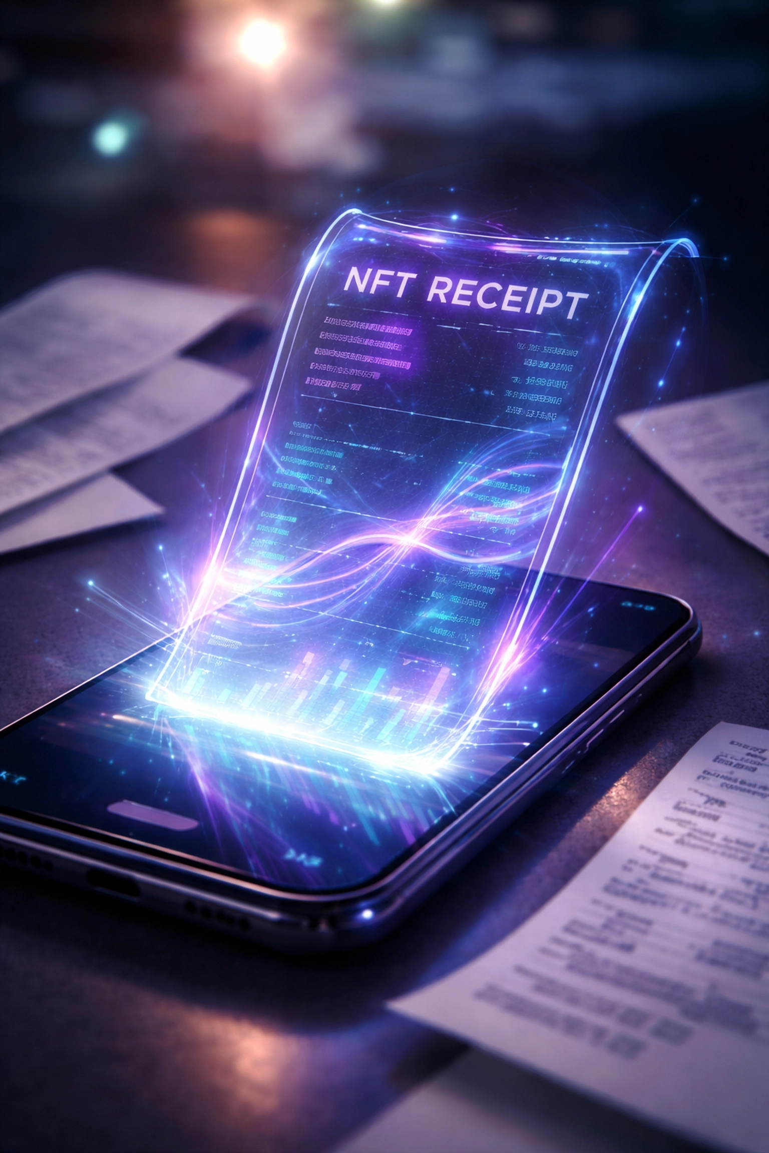 Close-up of a smartphone displaying a digital NFT receipt, highlighting Larecoin's crypto POS accounting innovation for small business