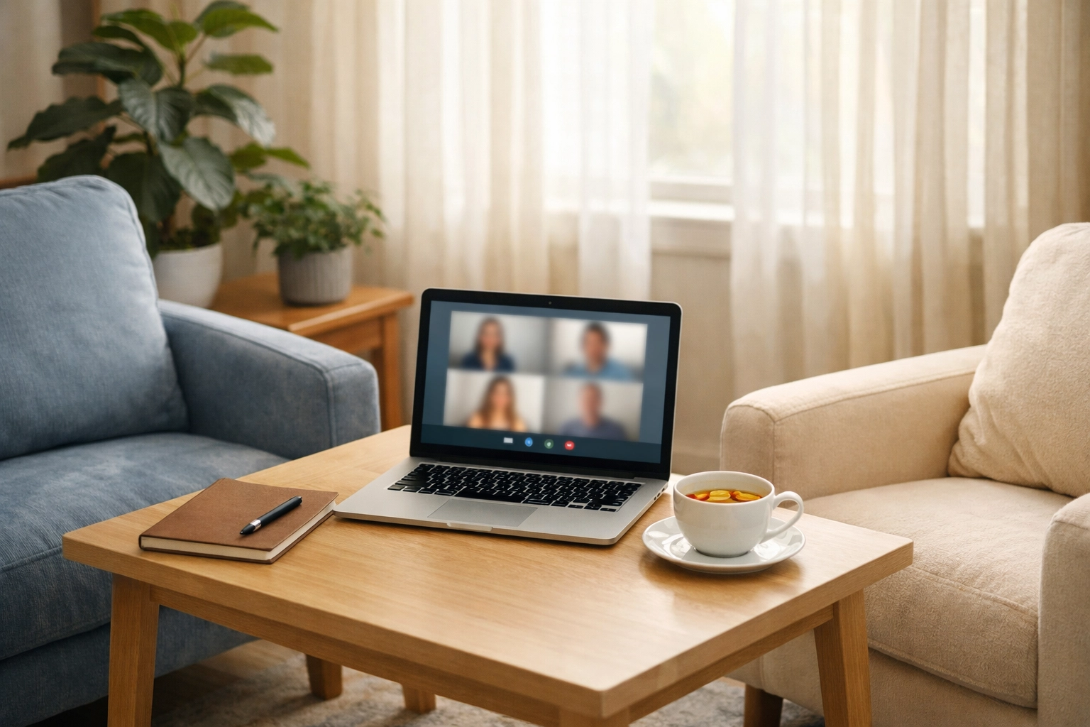 Comfortable therapy space with chairs and laptop showing telehealth and in-person counseling options in Perth