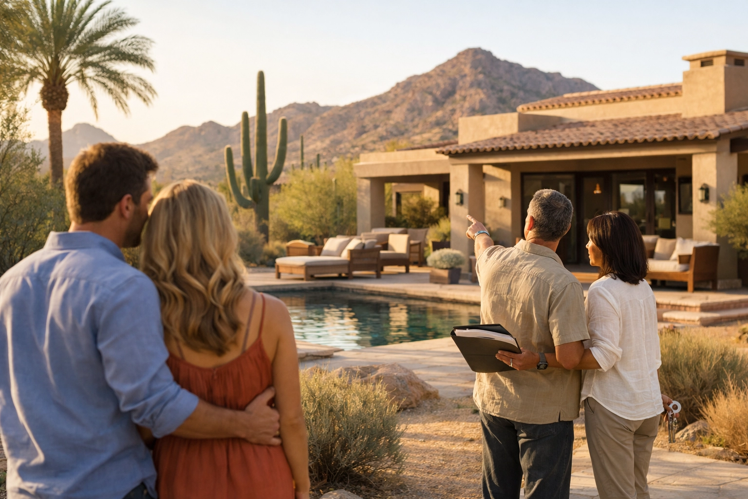 Generic home buyers and sellers reviewing a Scottsdale home transaction outdoors