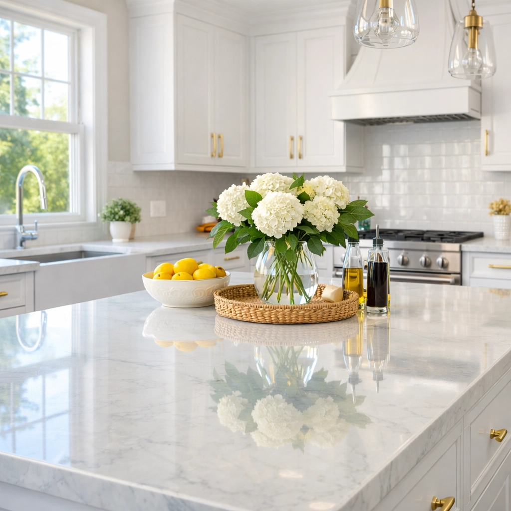 Pristine white marble kitchen island in a sunlit Leominster home cleaned by professionals.