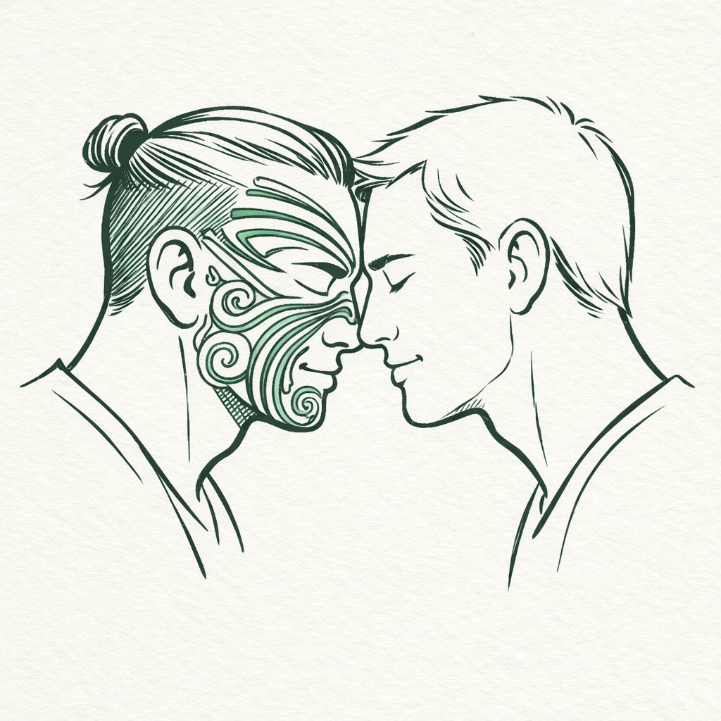 Gay couple sharing Maori hongi greeting, one man with traditional ta moko facial tattoos