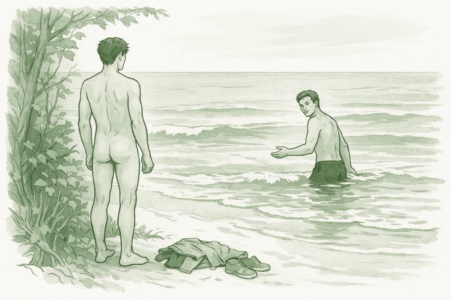 Two men at naturist beach - one entering ocean, one standing vulnerable at shore in MM romance story