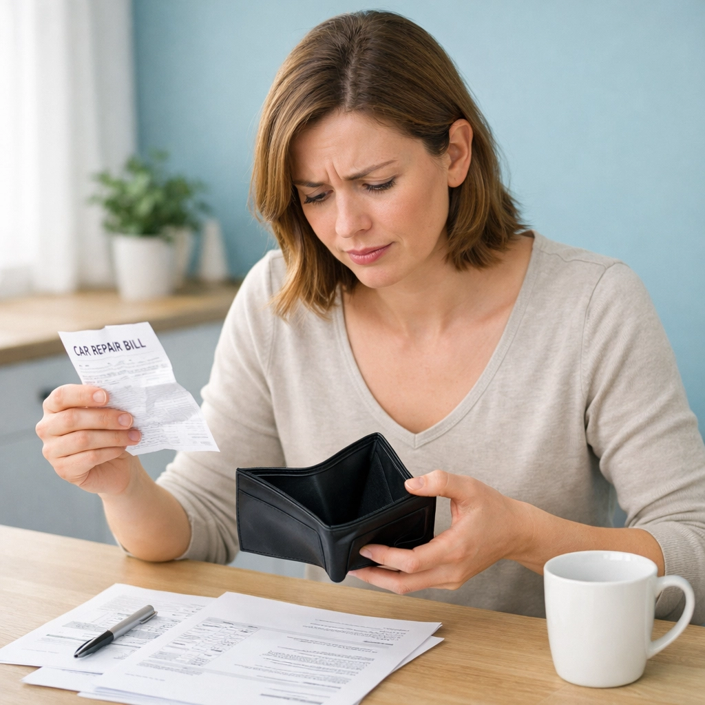 Woman reviewing expensive car repair bill with empty wallet showing high deductible costs