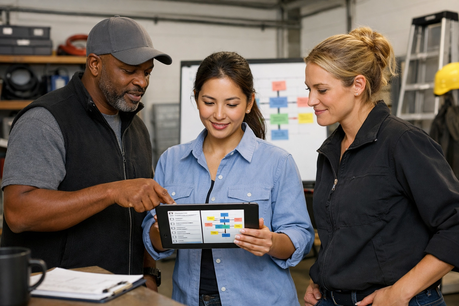 Service business team using digital checklists and process flowcharts for systematic operations