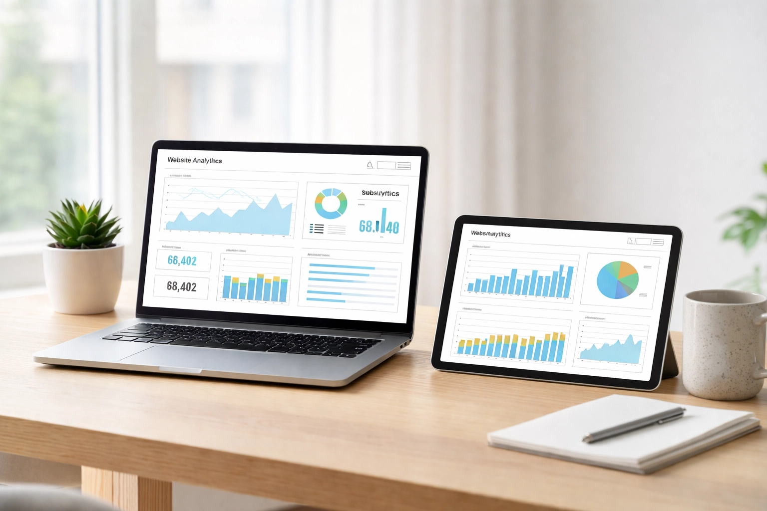 Laptop and tablet with analytics charts on a clean desk, showcasing business growth and digital performance tracking.